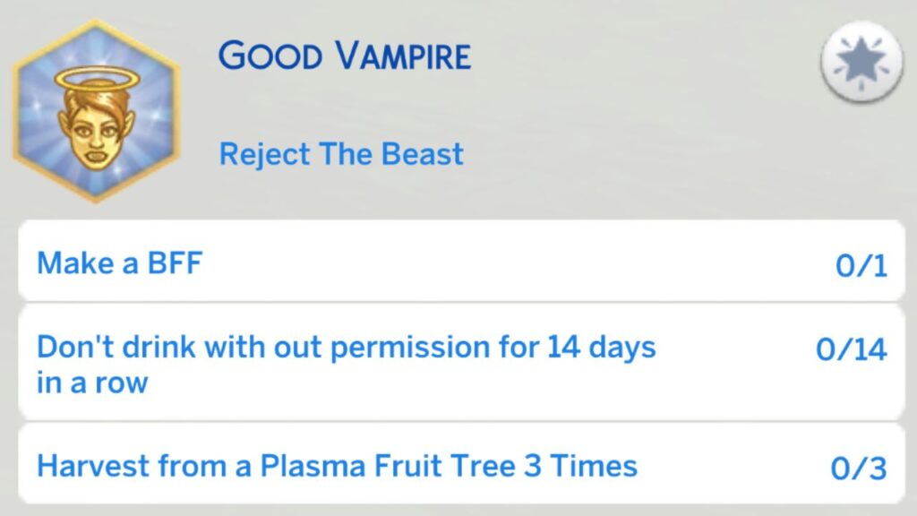 A screenshot from The Sims 4 showing the fourth stage of the good vampire aspiration 