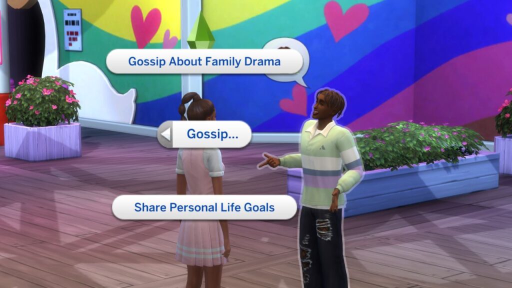 A screenshot from The Sims 4 showing the gossip options