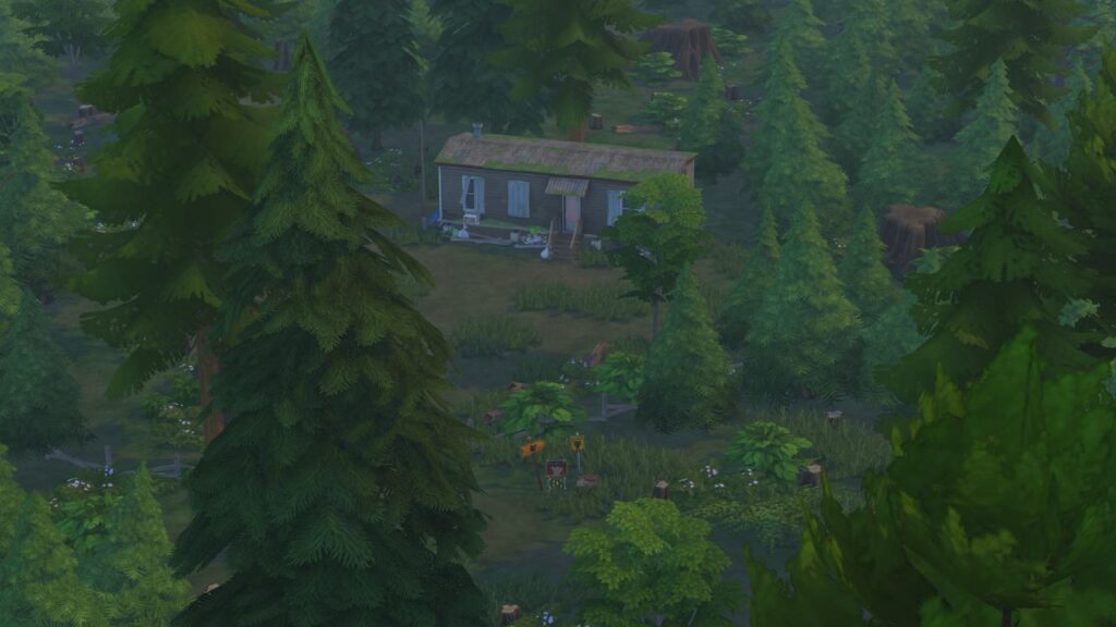 A screenshot from The Sims 4 showing werewolf Greg's trailer and the warning signs before the trailer