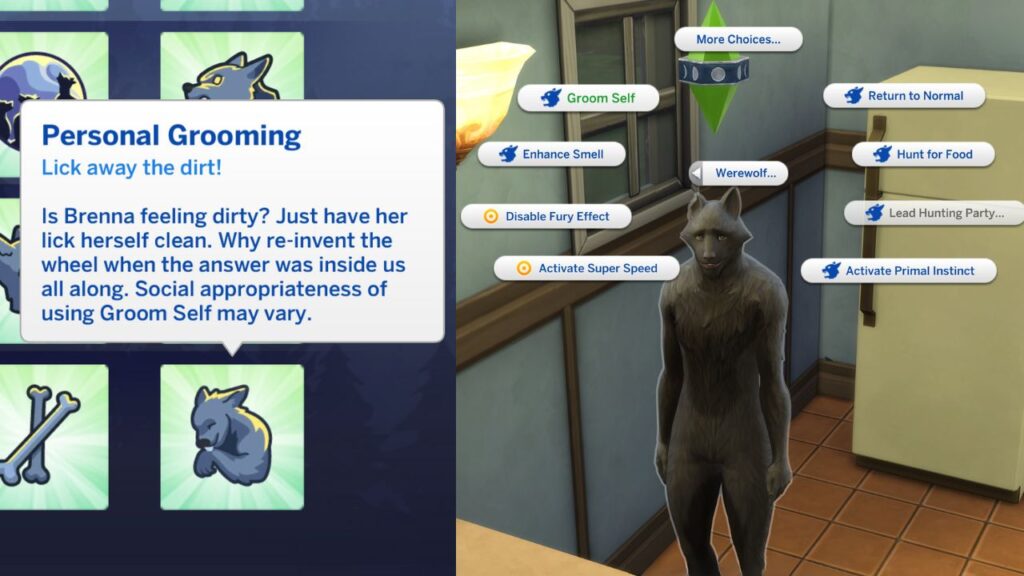A screenshot from The Sims 4 showing the personal grooming werewolf ability and showing the interaction option to groom self 