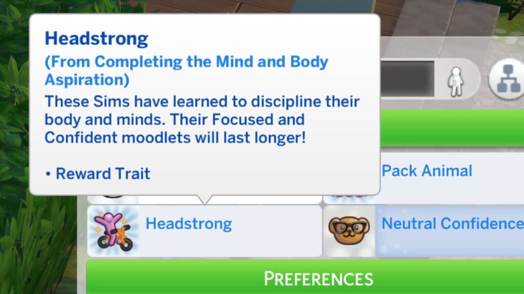 A screenshot from The Sims 4 showing the headstrong trait from the mind and body aspiration