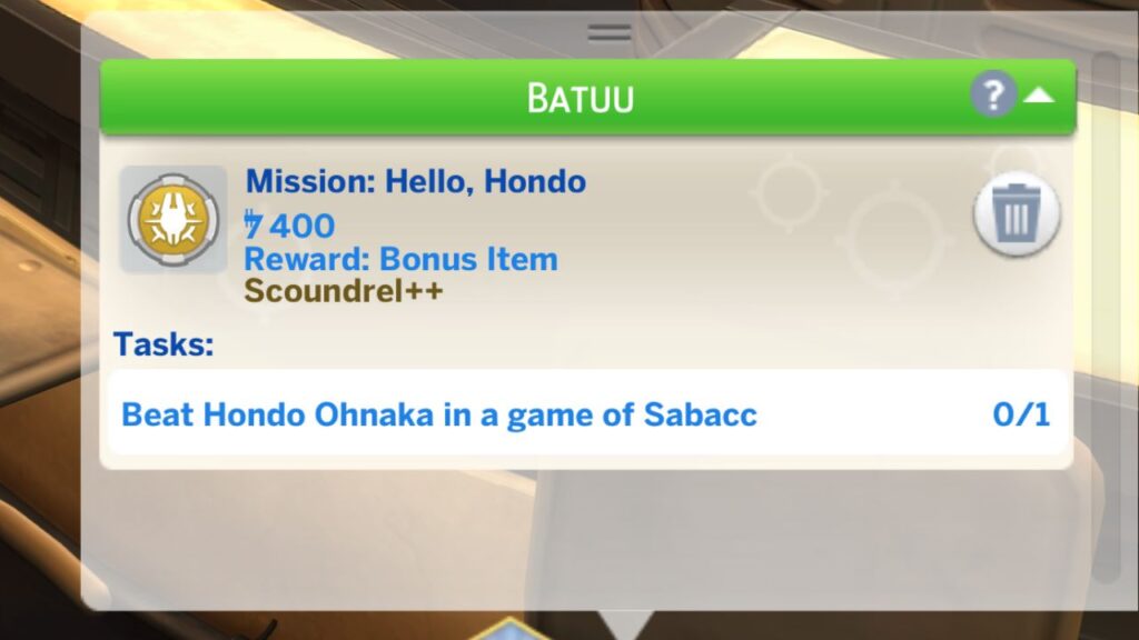 A screenshot from The Sims 4 showing the Hello, Hondo mission