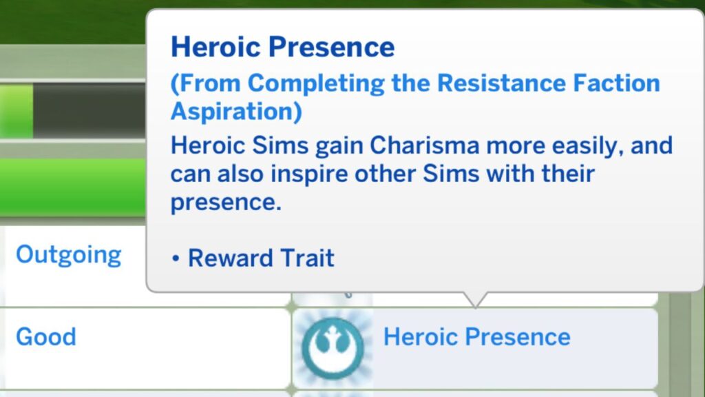 A screenshot from The Sims 4 showing the heroic presence trait
