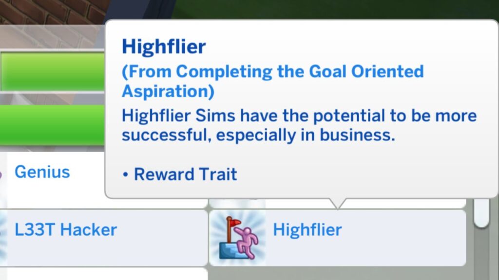 A screenshot from the sims 4 showing the highflier reward trait from the goal oriented aspiration