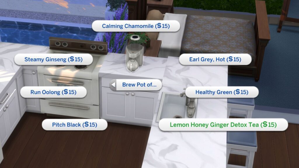 A screenshot from The Sims 4 showing the option to brew lemon honey ginger detox tea