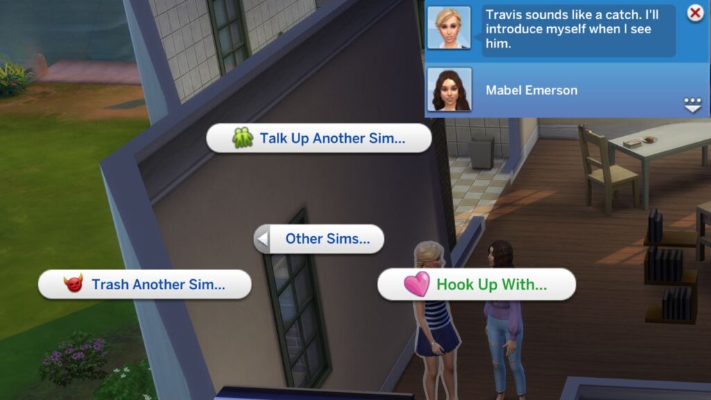 A screenshot from The Sims 4 showing the option to influence other sims to hook up with sims