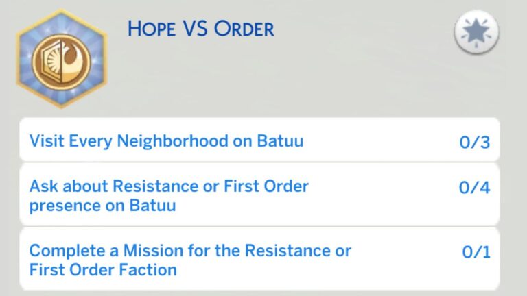 A screenshot from The Sims 4 showing the first stage of the hope vs order aspiration