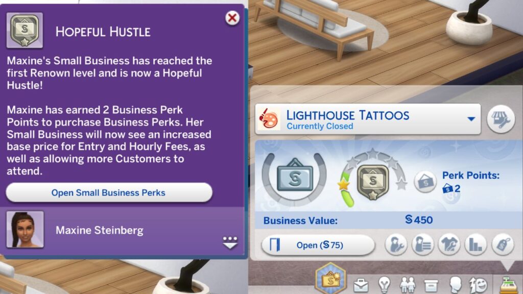 A screenshot from The Sims 4 showing a sim's small business reaching the Hopeful Hustle level