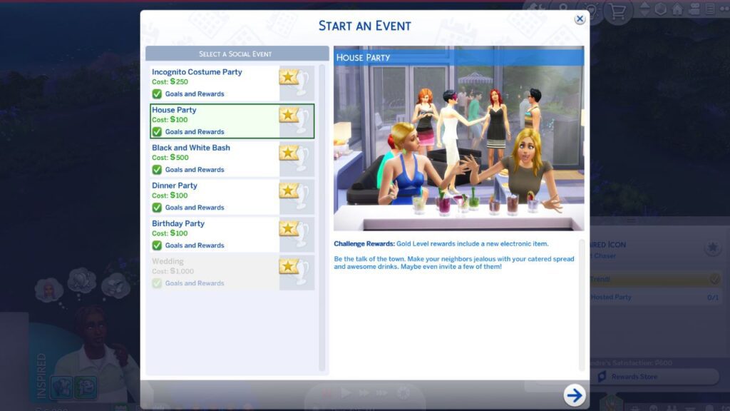 A screenshot from The Sims 4 showing how to start a social e vent