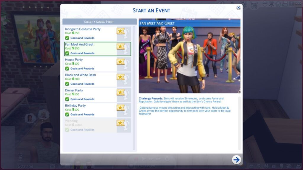 A screenshot from The Sims 4 showing the option to start a fan meet and greet event 