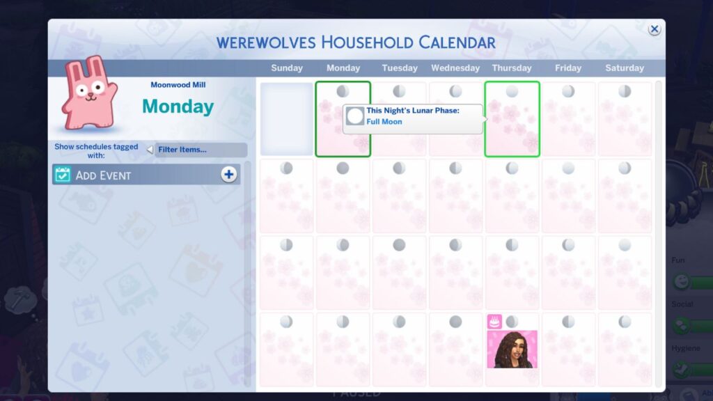 A screenshot from The Sims 4 showing the full moon days