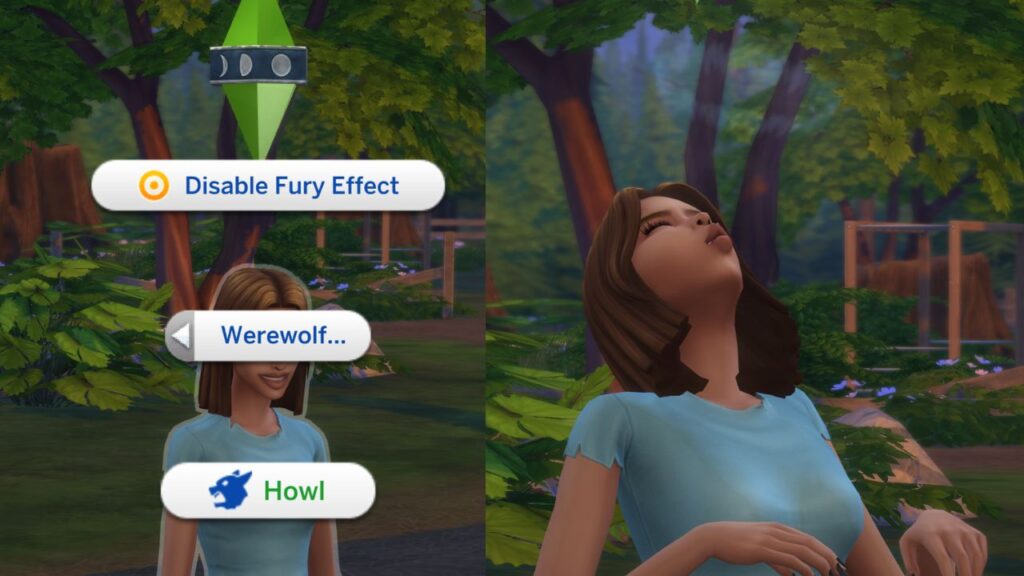A screenshot from The Sims 4 showing the option for a werewolf to Howl and a sim howling at the sky 