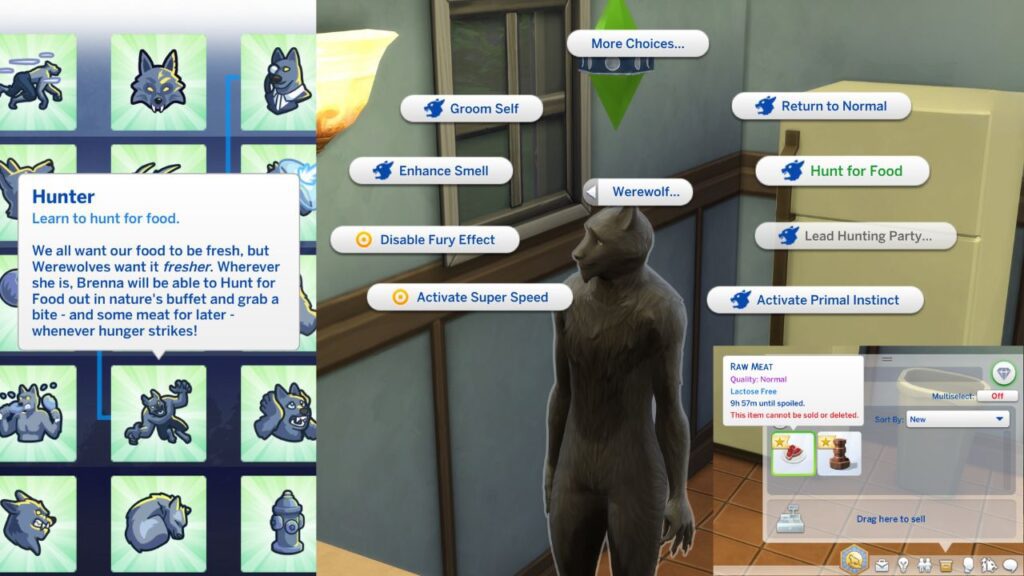 A screenshot from The Sims 4 showing the Hunter werewolf ability and the option to hunt for food