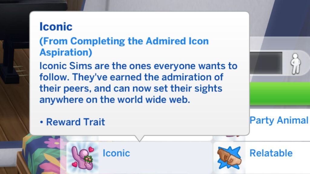 A screenshot from The Sims 4 showing the iconic reward trait