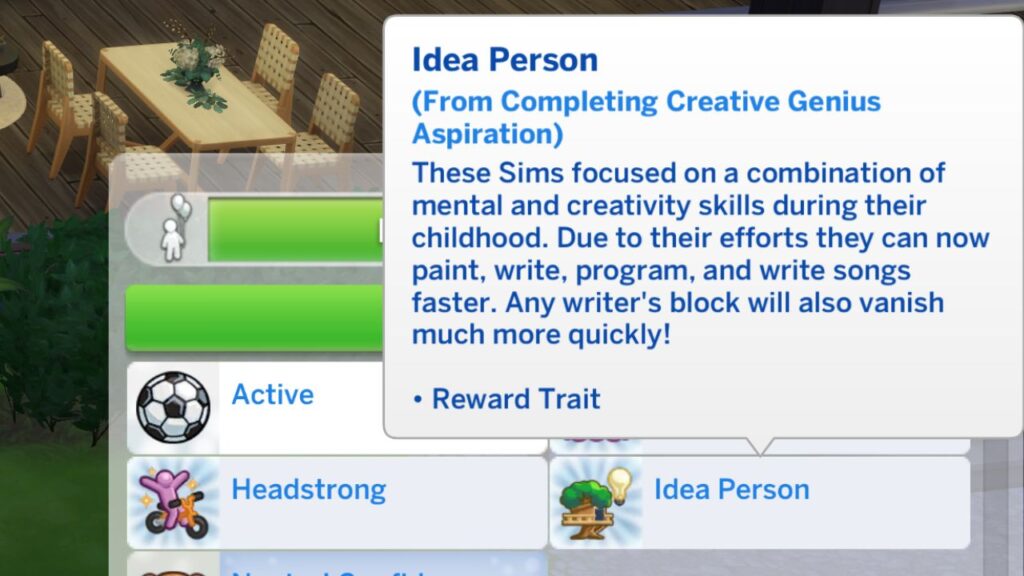 A screenshot from The Sims 4 showing the idea person reward trait from the creative genius aspiration