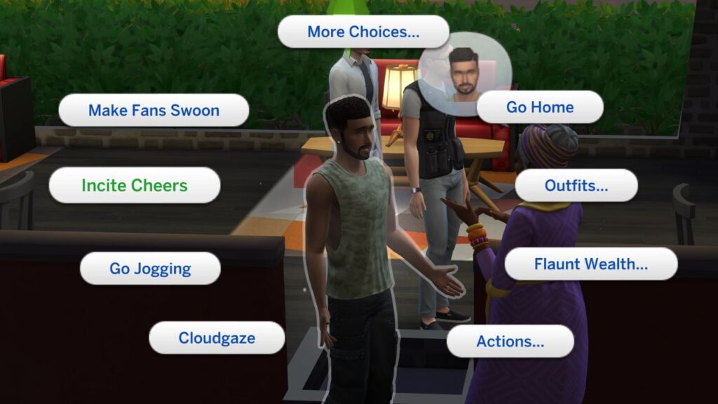 A screenshot from The Sims 4 showing how a celebrity can incite cheers 