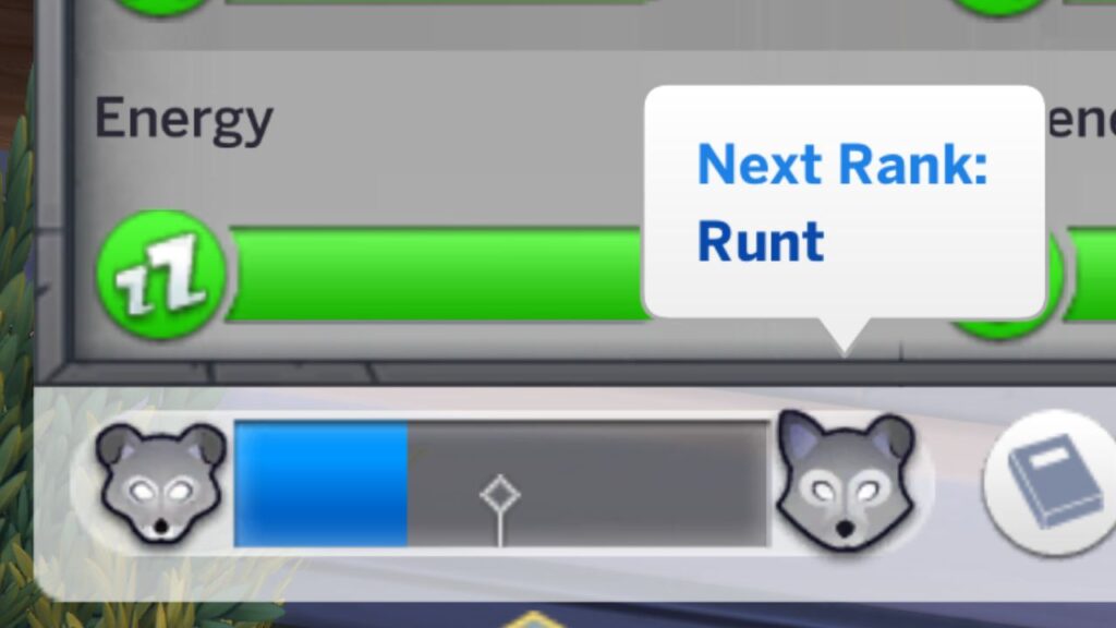 A screenshot from The Sims 4 showing the werewolf rank with the next rank being Runt