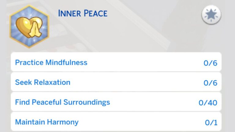 A screenshot from The Sims 4 showing the tasks for the inner peace aspiration