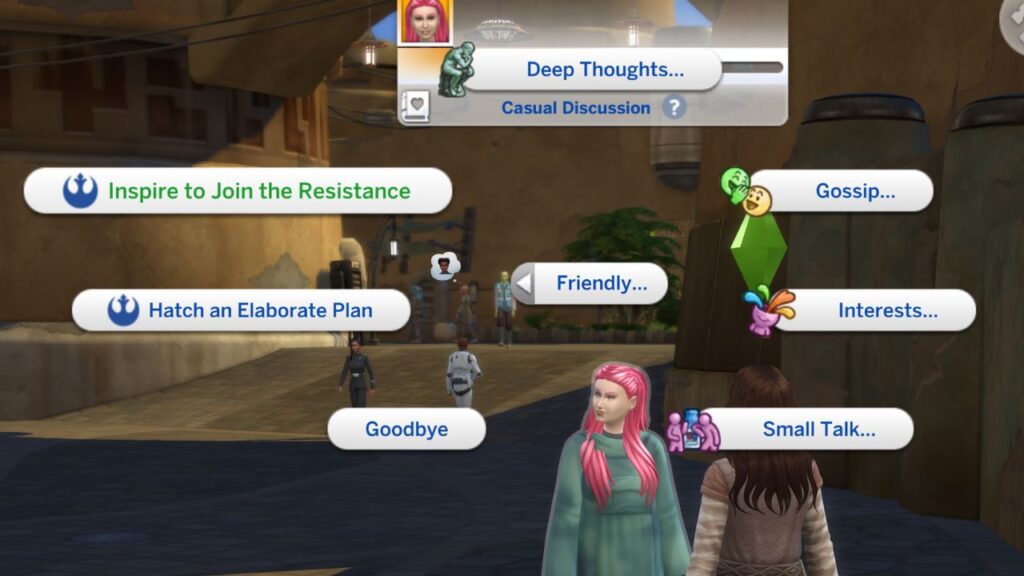 A screenshot from The Sims 4 showing how to inspire sims to join the resistance