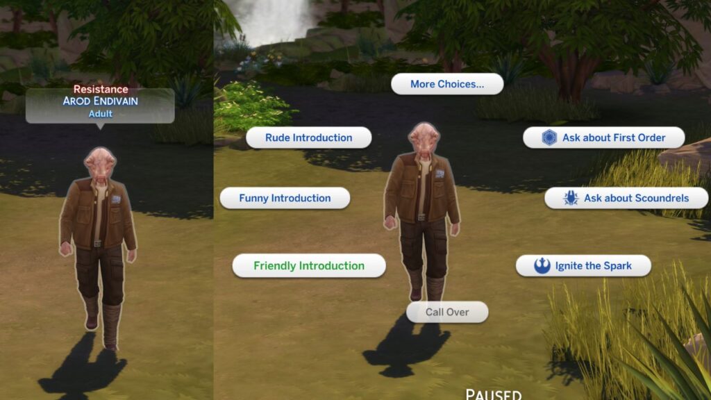 A screenshot from The Sims 4 showing the option to introduce yourself to members of the resistance