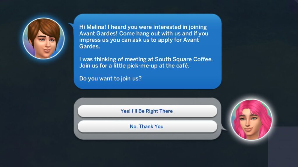 A screenshot from The Sims 4 showing the phone call you get when you request an invite to join a club 