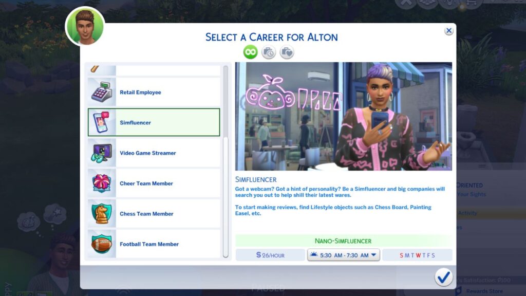 A screenshot from the sims 4 showing the career menu to get a side hustle