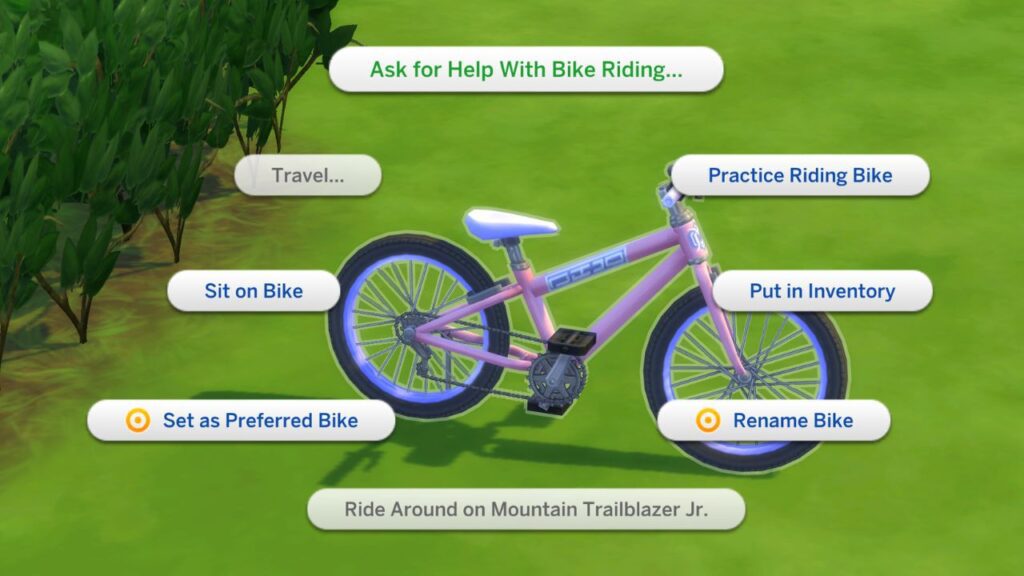 A screenshot from The Sims 4 showing the options for kids on a Jr bike
