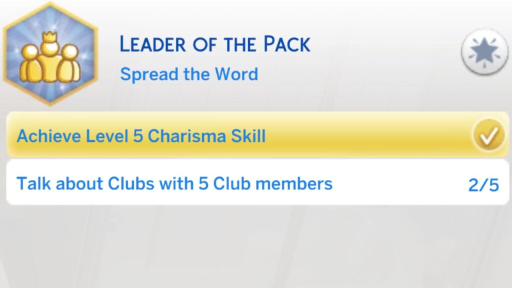 A screenshot from The Sims 4 showing the third stage of the leader of the pack aspiration 