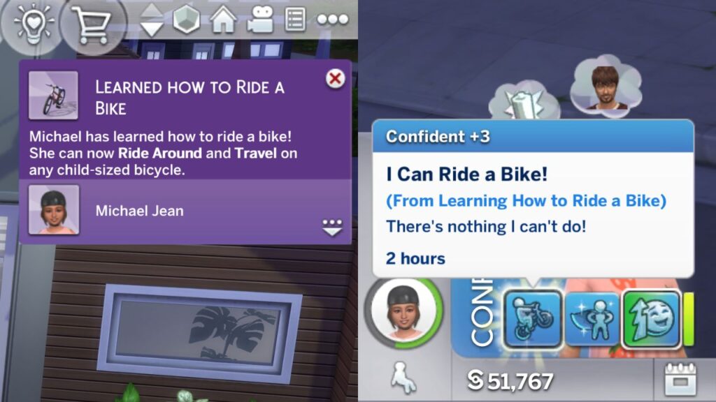 A screenshot from The Sims 4 showing the notification and moodlet a sim gets from riding a bike