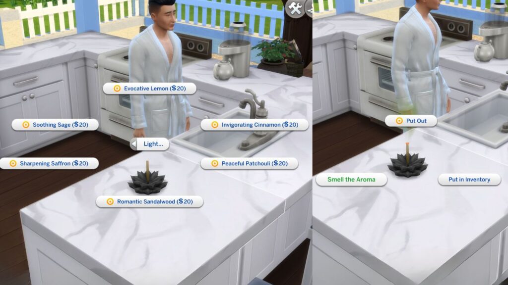 A screenshot from The Sims 4 showing how to light incense and smell the aroma on a lit incense 