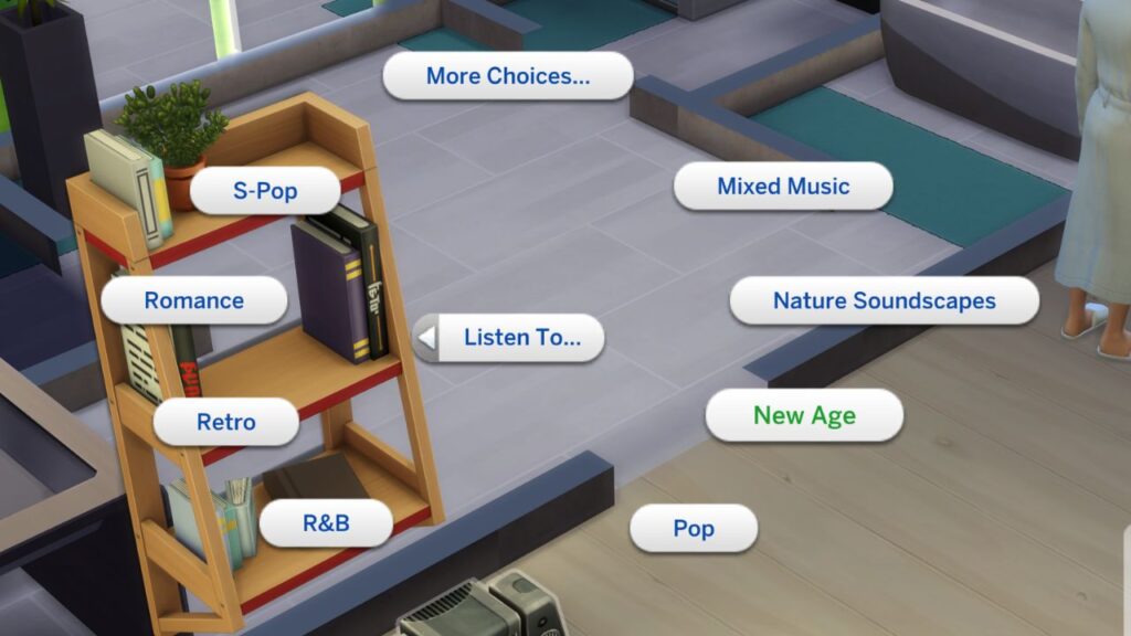 A screenshot from The Sims 4 showing how to listen to new age music on a radio 