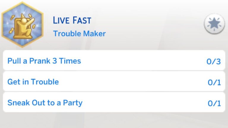 A screenshot from The Sims 4 showing the first stage of the live fast aspiration