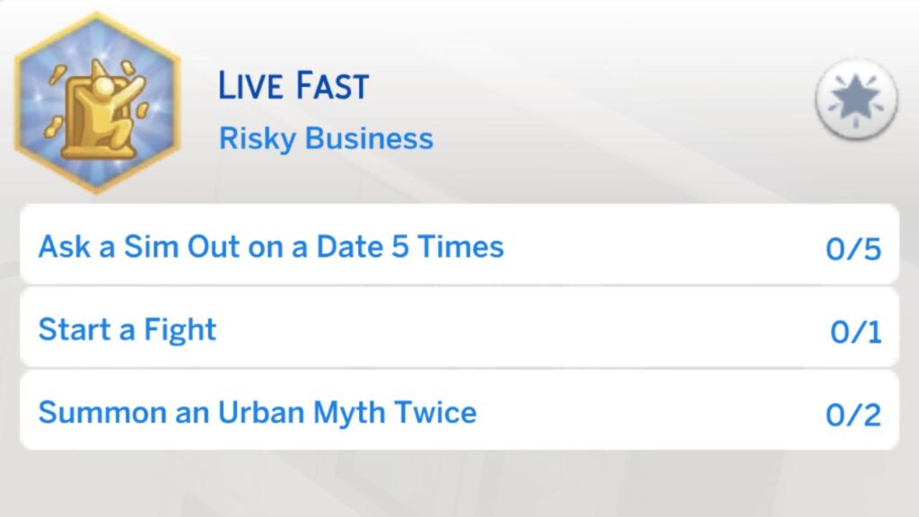 A screenshot from The Sims 4 showing the second stage of the live fast aspiration