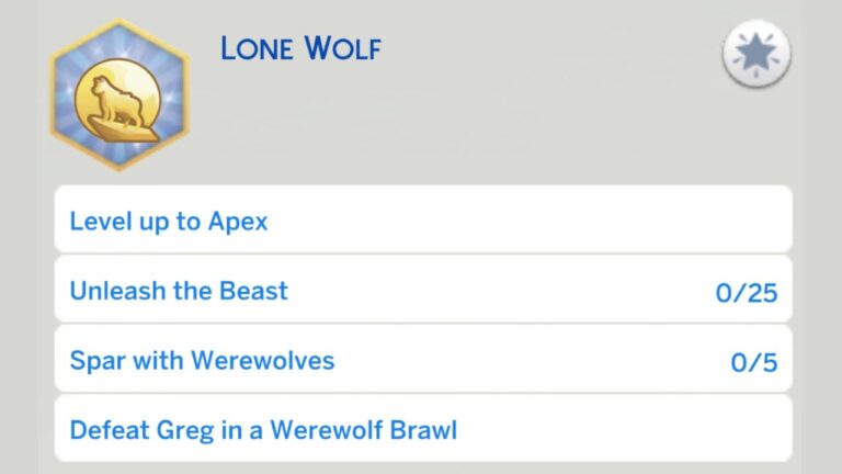 A screenshot from The Sims 4 showing the tasks for the lone wolf aspiration