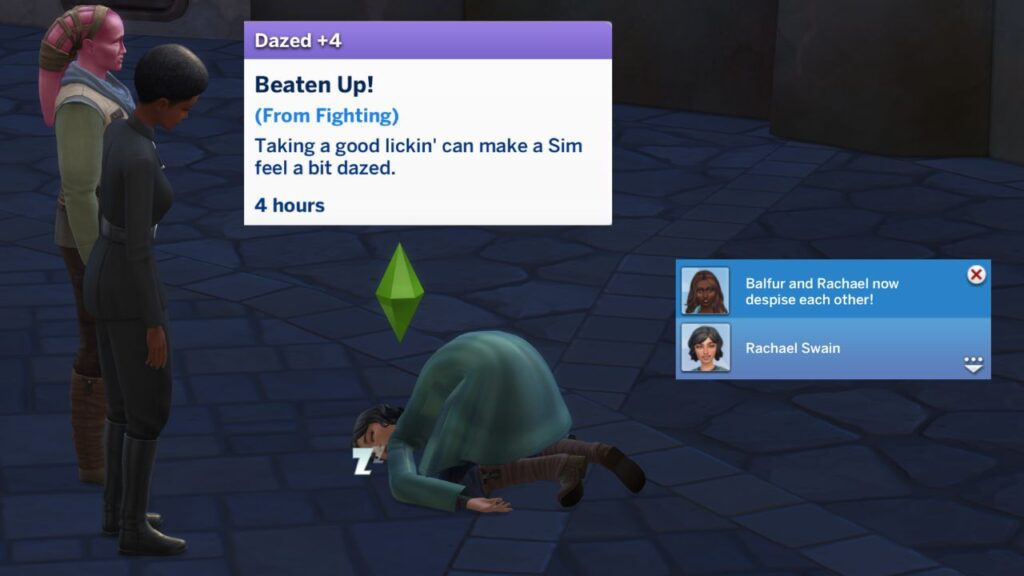 A screenshot from The Sims 4 showing a sim who is passed out from getting beat up with a dazed +4 moodlet 