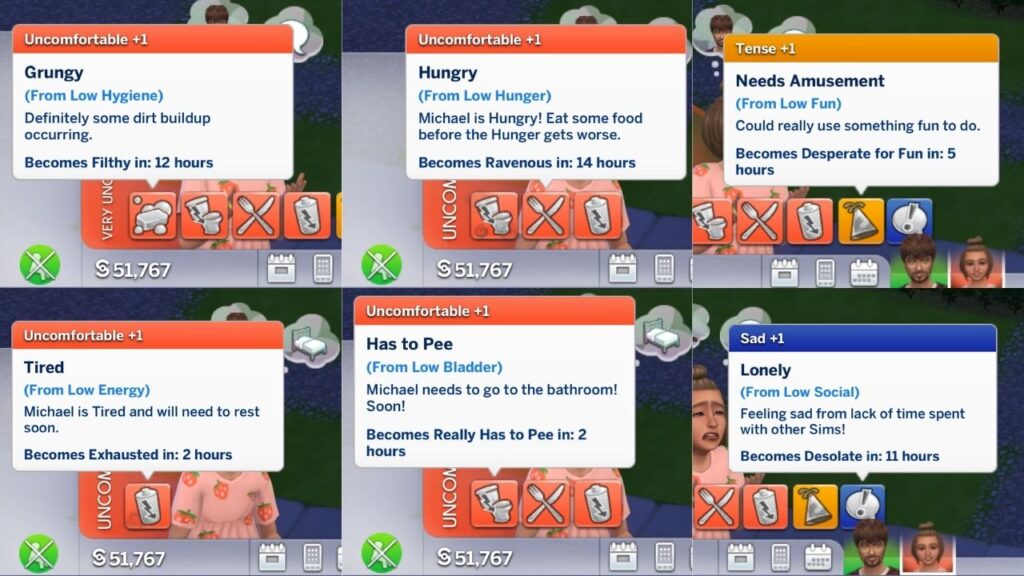 A screenshot from The Sims 4 showing the different negative need moodlets a sim can get