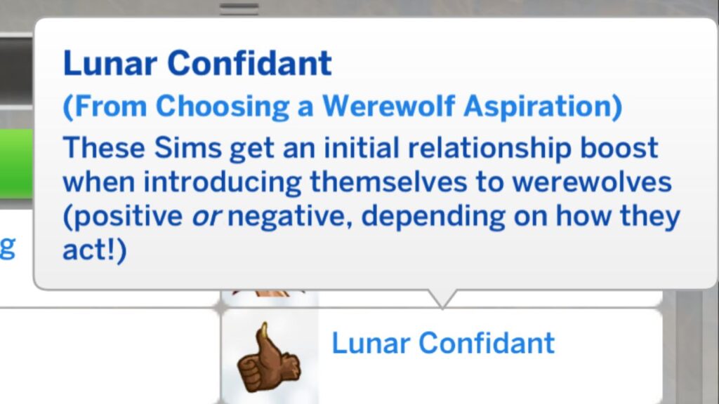 A screenshot from The Sims 4 showing the lunar confidant bonus trait from werewolf aspirations