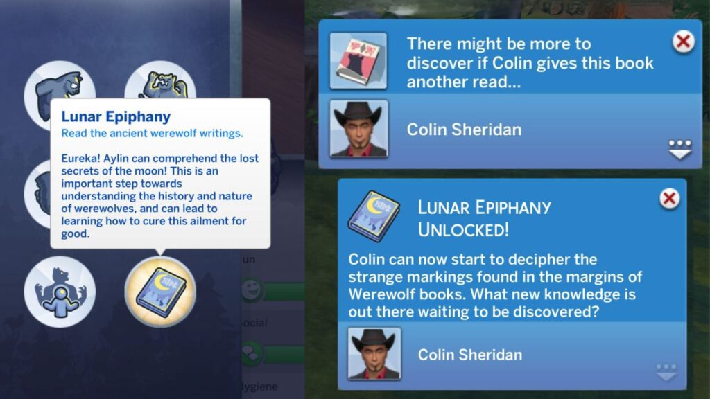 A screenshot from The Sims 4 showing how to get a Lunar Epiphany