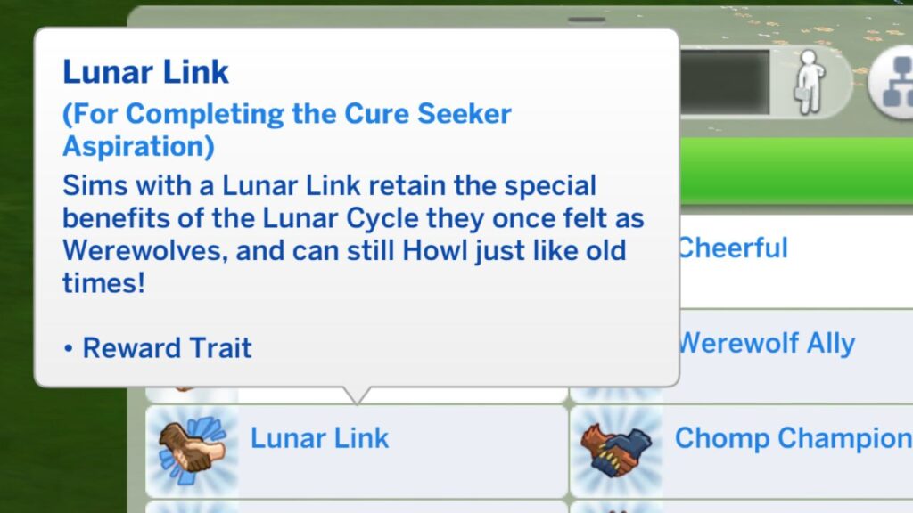 A screenshot from The Sims 4 showing the lunar link reward trait from the cure seeker aspiration