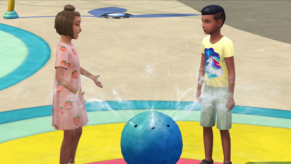 A screenshot from The Sims 4 showing two kids chatting at a splash pad