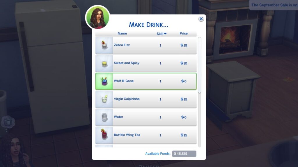 A screenshot from The Sims 4 showing the option to make wolf-b-gone on a bar