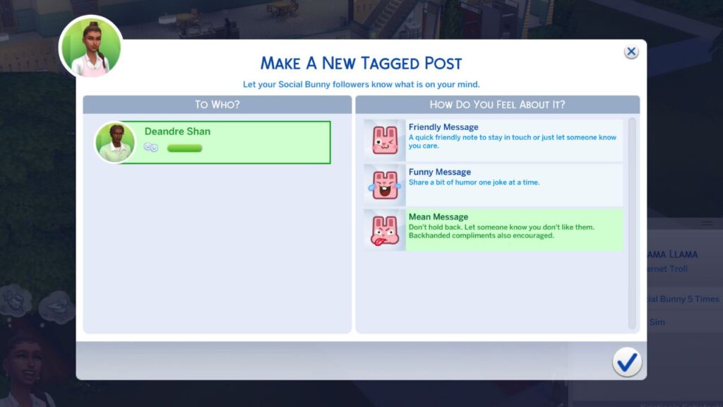 A screenshot from The Sims 4 showing the option to make a tagged post with a mean message