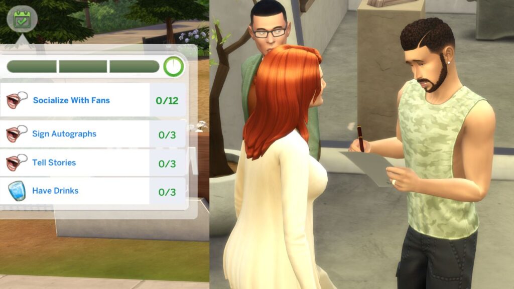 A screenshot from The Sims 4 showing the tasks for a fan meet and greet and a sim signing an autograph 