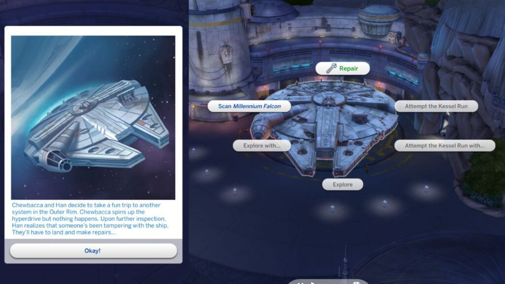 A screenshot from The Sims 4 showing an action card for exploring in the millennium falcon