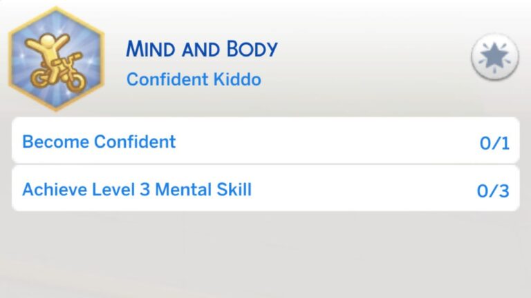 A screenshot from The Sims 4 showing the first stage of the mind and body aspiration