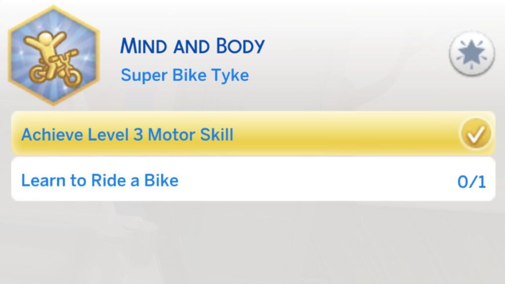 A screenshot from The Sims 4 showing the second stage of the mind and body aspiration