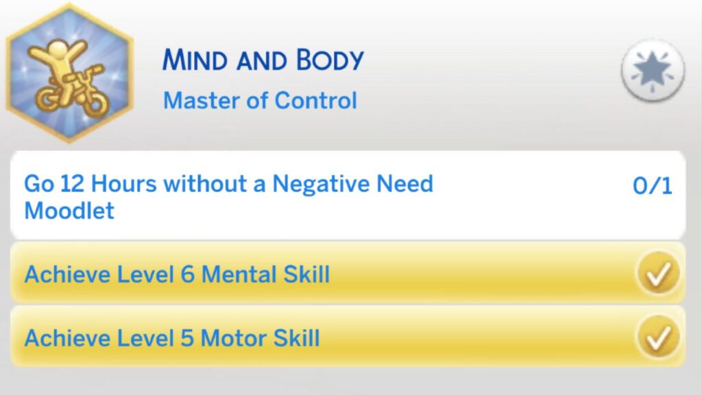 A screenshot from The Sims 4 showing the third stage of the mind and body aspiration