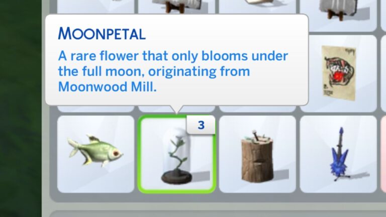 A screenshot from The Sims 4 showing 3 moonpetal in a sim's inventory