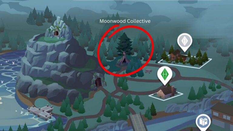A screenshot from The Sims 4 showing the location of the moonwood collective HQ