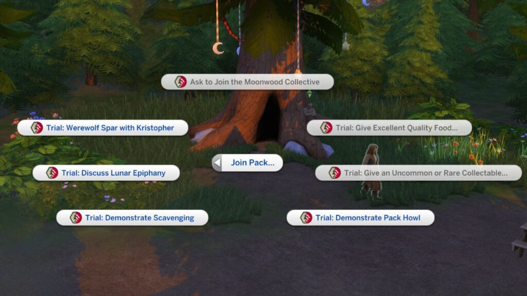 A screenshot from The Sims 4 showing the different options for a werewolf trial to join the moonwood collective